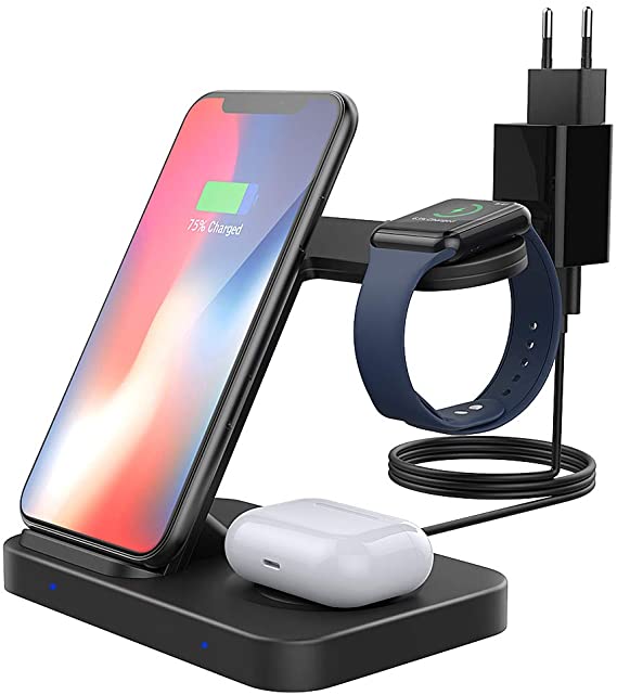 MoKo 3 in 1 Wireless Charger Stand, Qi 10W Dual Fast Charging Dock Station Compatible iPhone SE 2020/XR/8 Plus/11/Airpods Pro/2/Apple Watch Series SE/6/5/4/3/2, S10/S20/Galaxy Bud (with QC3.0 Adapter)