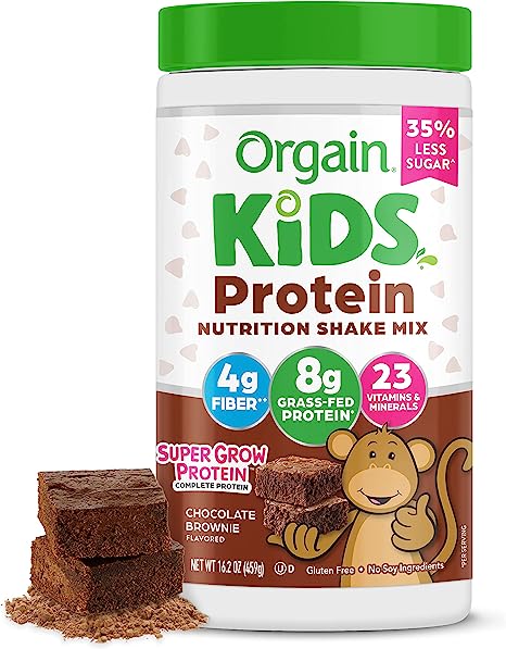 Orgain Kids Protein Powder Shake Mix, Chocolate Brownie, 8g of Protein, 23 Vitamins & Minerals, Fruit & Vegetable Blend, Gluten Free, No Soy Ingredients, 1lb