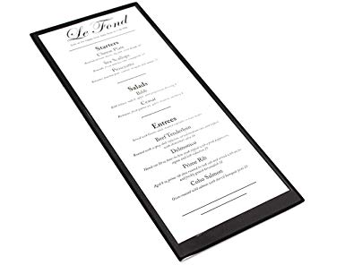 Durable Quality Menu Cover Black 4.25 X 11 Restaurant Appetizer Daily Special Menu Holders Single View with Clear PVC Sheets for Menu Protection