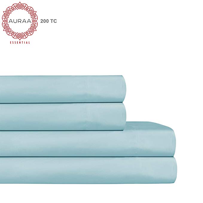 AURAA ESSENTIAL 100% Cotton Peached Percale Sheet Set - Full Sheets - 4 Piece Set, Feather Soft, DEEP Pocket,Big Sale Days,Oeko-TEX Certified, Ster Blue