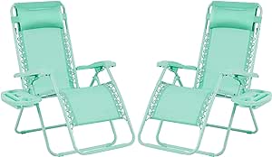 Yaheetech Zero Gravity Recliners Outdoor Adjustable Folding Reclining Lounge Chairs w/Pillows, Cup Holder Trays and Carry Strap for Patio Backyard Beach Light Green Set of 2