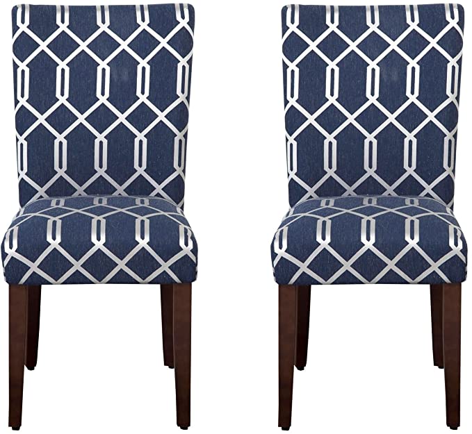 HomePop Parsons Classic Upholstered Accent Dining Chair, Set of 2, Navy Blue and Lattice Cream