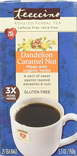 Teeccino Dandelion Caramel Nut Chicory Herbal Tea Bags, Gluten Free, Caffeine Free, Acid Free, 25 Count