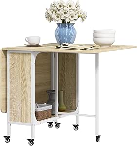 HOMCOM Mobile Drop Leaf Table Folding Kitchen Table Extendable Dining Table For Small Spaces With 6 Wheels & Storage Shelf Natural Wood Finish