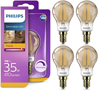 Philips Vintage Gold Mini Globe LED Classic Filament Light Bulb, E14 Small Edison Screw, 5W, Dimmable, 410 Lumens, 35W Halogen Equivalent, Warm White 2500K - 4 Pack