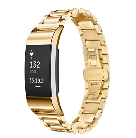 Fitbit Charge 2 Wrist Band,Shangpule Stainless Steel Metal Replacement Smart Watch Band Bracelet with Double Button Folding Clasp for Fitbit Charge 2 (Gold)