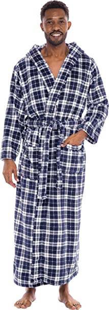 Alexander Del Rossa Men’s Full Length Hooded Fleece Bathrobe Solid Colors