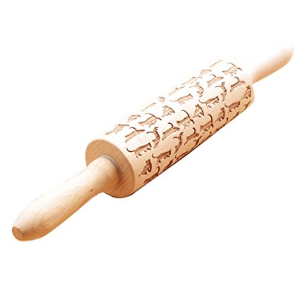 Bopstyle Wooden Laser Engraved Rolling Pin with Cats Pattern for Embossed Cookies (6.10" x 1.97")