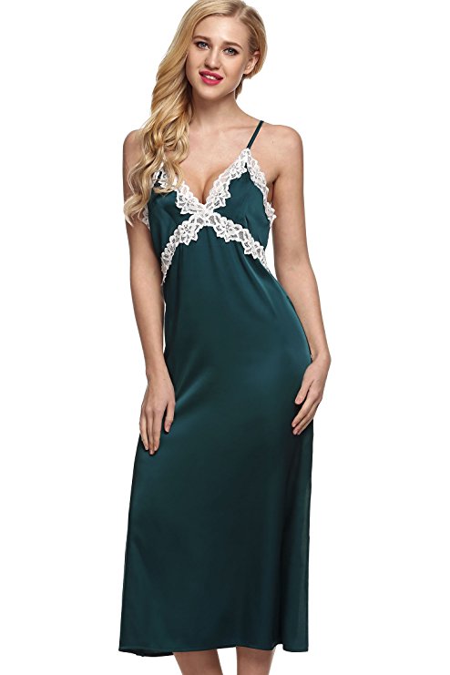 Ekouaer Women's Long Chemise Slip Lace Camisole Satin Nightgown