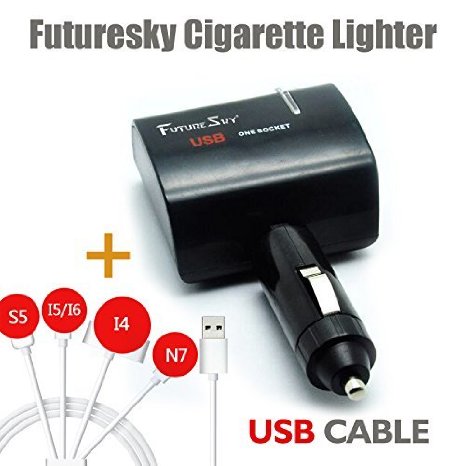 Car chargerFutureskyFS-01 Dual USB Car Charger with Cigarette Lighter Socket - Black Dc 12v-24v
