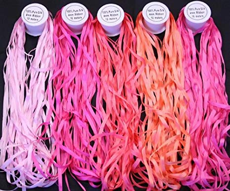 New ThreadNanny 5 Spools of 100% Pure Silk Ribbons - Pink Tones - 50 mts x 4mm