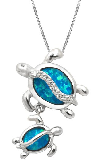 Mom and Baby Turtle Sterling Silver Synthetic Blue Opal Necklace Pendant with 18" Box Chain