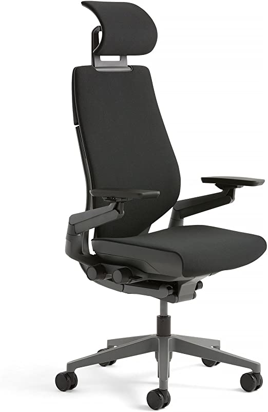 Steelcase Gesture Office Desk Chair with Headrest Plus Lumbar Support Cogent Connect Blueprint Fabric Standard Black Frame Hard Floor Caster Wheels Hard Floor Caster Wheels