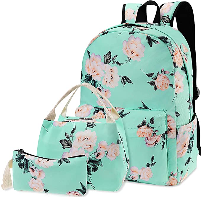 Flowers Backpack Kids School Bag 3-in-1 Bookbag Set, Junlion Rose Laptop Backpack Lunch Bag Pencil Case Gift for Teen Girls Womens Green