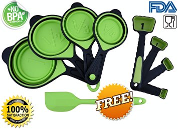 Küche Kitchen 9 Piece PREMIUM VALUE - SILICONE MEASURING CUPS AND SPOONS - 6 COLOR OPTIONS with FREE matching Spatula worth $4.99. Made with Food Grade, Non-Toxic, BPA Free and FDA approved Silicone