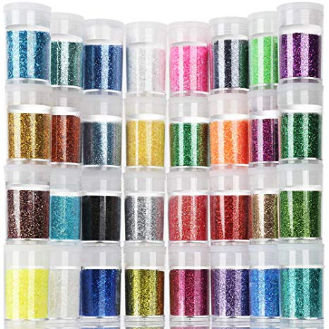 Teenitor Fine Glitter, 32 Jars 8g Each Glitter Set, 32 Assorted Color Arts and Craft glitter, Eyeshadow Makeup Nail Art Pigment Glitter, Glitter for slime