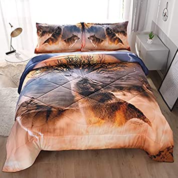 Imiee Brown Wolf and Galaxy Comforter Sets 3 Pieces, Twin/Full/Queen Quilted Bedspread/Quilt Comforter/Quilt Bedding Sets