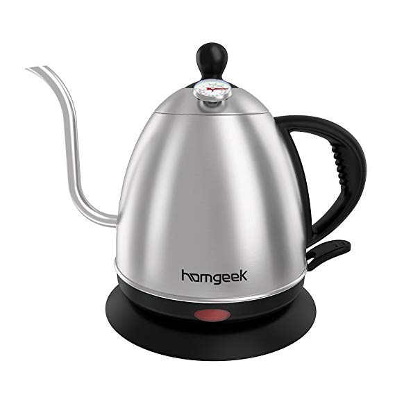 Homgeek Electric Kettle, 1 Liter Gooseneck Kettle Stainless Steel Cordless Drip Water Kettle with Thermometer for Pour Over Coffee & Tea