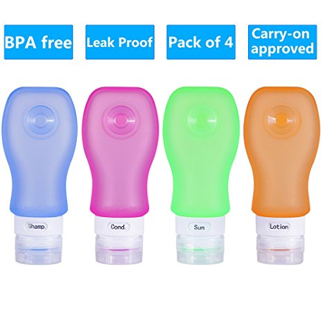 SUNNZO Silicone Portable Soft Leak-Proof Toiletry Bottles/Squeezable and Refillable Containers for Skin Cream/Shampoo/Bath Liquid etc,TSA Approved,3oz,Set of 4