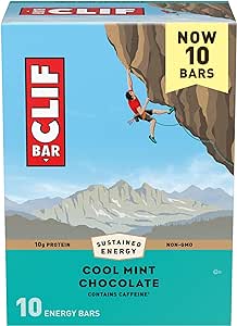 CLIF BAR - Cool Mint Chocolate with Caffeine - Made with Organic Oats - 10g Protein - Non-GMO - Plant Based - Energy Bars - 2.4 oz. (10 Pack)