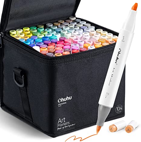 Ohuhu Colouring Pens 104 Colours Permanent Marker Pens Dual Tip Brush & Chisel Sketch Marker for Artist, Students, Brush Markers for Sketching, Adult Coloring Calligraphy Drawing Illustration