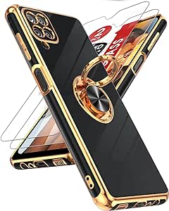 LeYi for Samsung Galaxy A12 Case with Tempered Glass Screen Protector [2 Pack] 360° Rotatable Ring Holder Magnetic Kickstand, Plating Rose Gold Edge Protective Case, Black