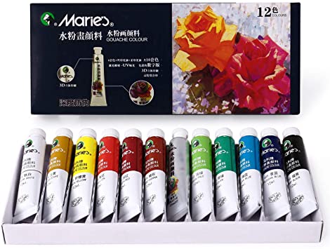 MEGREZ Marie's Extra Fine Gouache 12 Assorted Colors/Set Opaque Watercolor Paint Set for Students, Beginners and Painting Lovers, 12 ml/Tube