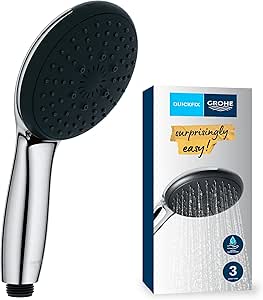 GROHE Vitalio Start 110, Pommeau de Douche Rond 11cm 3 Jets (Pluie/Stimulant/Massage), Economie d'Eau, Sélection Facile, Procédé Anti-Calcaire, Chromé, 26031001