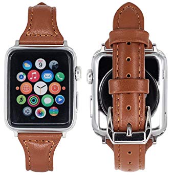 Falandi Competible for Apple Watch 40mm 38mm Bands Series 4, 3, 2, 1, Slim Retro Genuine Leather Replacement Strap with Stainless Steel Clasp for Women for iWatch All Edition (Brown, 38/40mm)