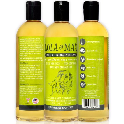 Lola and Max Organic, All Natural Pet Shampoo, Non-toxic, Hypoallergenic Care for Itchy, Sensitive Dogs and Cats, Conditions and Soothes Dry Skin. Made in the U.S.A