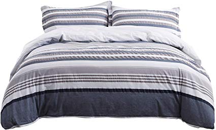 PHF Cotton Seersucker Yarn Dyed Duvet Cover Set with Corner Ties Breathable Bedding for Winter 3 Pieces Queen Size Navy Grey