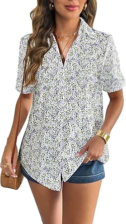 Zeagoo Women Linen Button Down Shirt Rolled Cuffed Short Sleeve Blouse Ladies Summer Casual V Neck Beach Cotton Tops