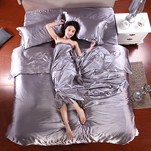 Luxury 4-Piece Satin Silky Bed Sheet Set Bedding Collection,Duvet Cover Sets Flat Sheet Set-Silver Grey,Queen