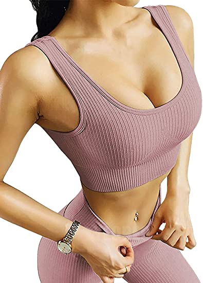 YEOREO Women Yoga Outfits Seamless 2 Piece Suits Workout Gym High Waist Leggings Racerback Padded Sports Bra Set