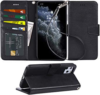 Arae Case for iPhone 11 Pro Max PU Leather Wallet Case Cover [Stand Feature] with Wrist Strap and [4-Slots] ID&Credit Cards Pocket for iPhone 11 Pro Max 6.5 inch 2019 Released - Black