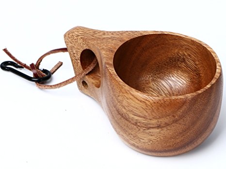 Handmade Solid Acacia Wood Nordic Style Kuksa Portable Outdoor Camping Cup/Coffee Mug/Coffee Cup with Carabiner - Whole Piece - 8.45 oz