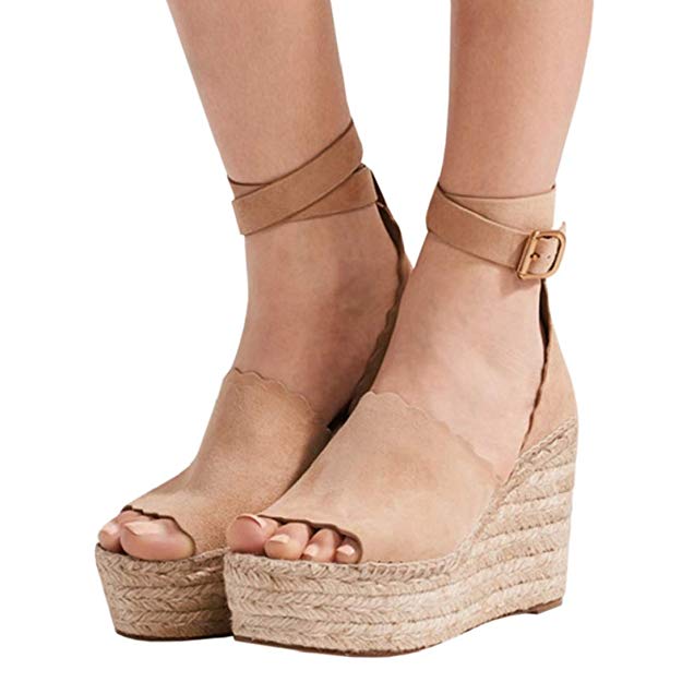 Seraih Womens Peep Toe High Heel Sandals Platform Espadrille Wedges with Ankle Strap Buckle Up
