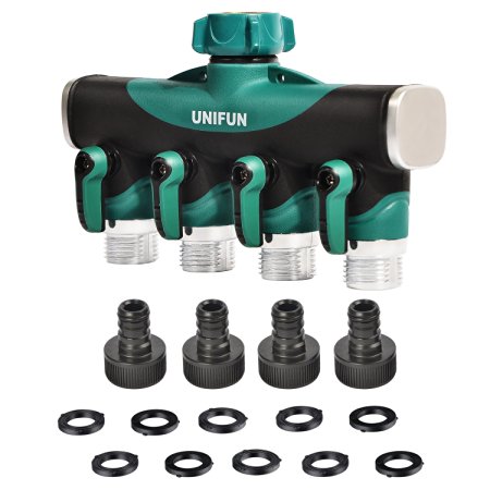 UNIFUN Hose Splitter, 4 Way Water Splitter, Zinc Alloy Body with 10 Free Washers and 4 Free Garden Hose Connector