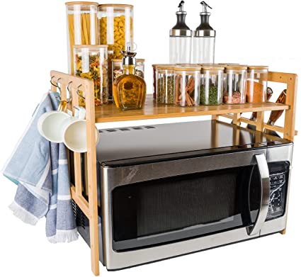 BAMBOO LAND Bamboo Microwave Rack Countertop with Hooks and Built-in Knife Holder, Bamboo Microwave/Toaster Oven Kitchen Countertop Organizer, Microwave Organizer, Microwave Oven Rack