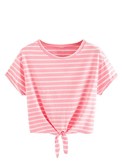 Romwe Women's Knot Front Cuffed Sleeve Striped Crop Top Tee T-Shirt