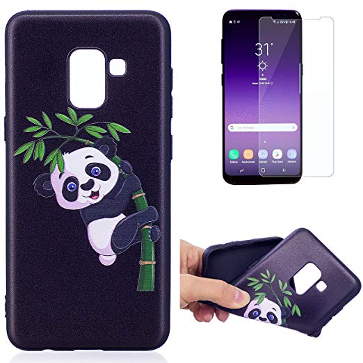 For Samsung Galaxy A8 2018 A530 Case and Screen Protector,OYIME Luxury [Panda and Bamboo] Relief Pattern Design Black Silicone Rubber Ultra Thin Slim Fit Bumper Drop Protection Anti-Scratch Protective Back Cover