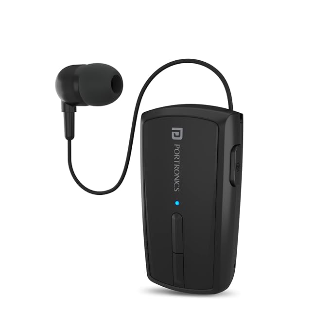 Portronics Harmonics Klip 4 Retractable Bluetooth Music & Calling Earphone with Long Playtime, Vibration Prompt (Black)