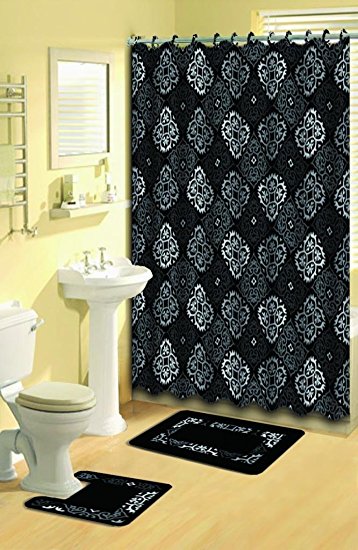 Home Dynamix Bath Boutique 15-Piece Bathroom Rug Set, Shower Curtain & Shower Rings, Black & Grey