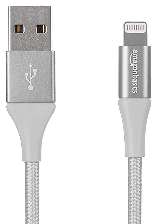 AmazonBasics Double Braided Nylon USB A to Lightning Compatible Cable - Apple Mfi Certified Silver 10 Feet (3 Meters)