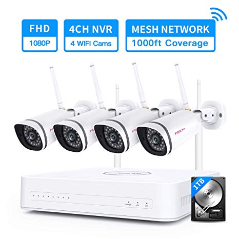 Foscam Mesh WiFi Network Security Camera System Ranges up to 1000ft, 4CH H.264  NVR Surveillance CCTV System with 4pcs Outdoor 1080P IP Cameras, Motion Detection, 65ft Night Vision, 1TB HDD Included