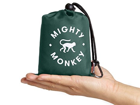 MIGHTY MONKEY Portable Pocket Blanket w/ Corner Pockets, Rain Hood, Zip Pouch, Loops, Storage Bag & Carabiner | Waterproof & Puncture Resistant | 63" x 56" | Beach, Camping, Hiking, Picnics & Outdoors
