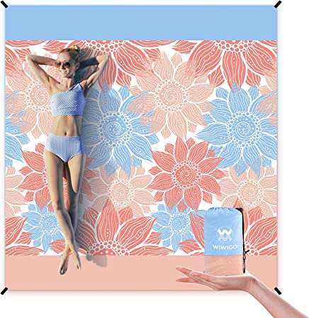 WIWIGO Beach Blanket Sandproof Extra Large Beach Mat Adults Waterproof Quick Drying Sand Free Mat Made by Premium Polyester with 4 Stakes & 4 Corner Pockets for Outdoor Travel Camping Hiking