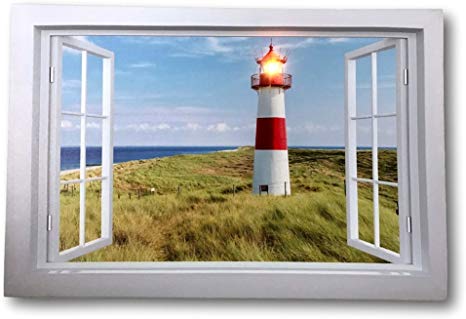 BANBERRY DESIGNS Lighthouse Canvas Print - LED Lighted Picture with a Window Scene Lake Beach - Nautical Artwork