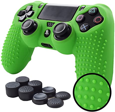 Pandaren STUDDED Anti-slip Silicone Cover Skin Set for PS4 /SLIM /PRO controller(Green controller skin x 1   FPS PRO Thumb Grips x 8)