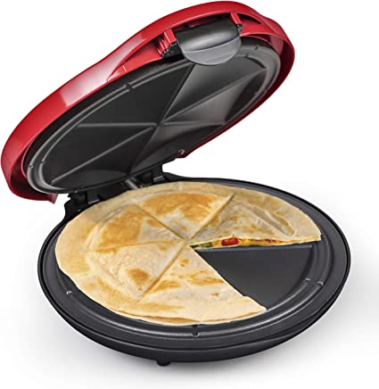 Nostalgia Taco Tuesday Deluxe 10-Inch 6-Wedge Electric Quesadilla Maker with Extra Stuffing Latch, Red